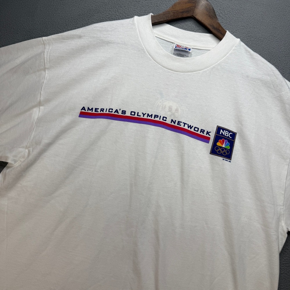 VTG NBC Americas Olympic Network T-Shirt Mens XL White Cotton 90s Retro USA Game